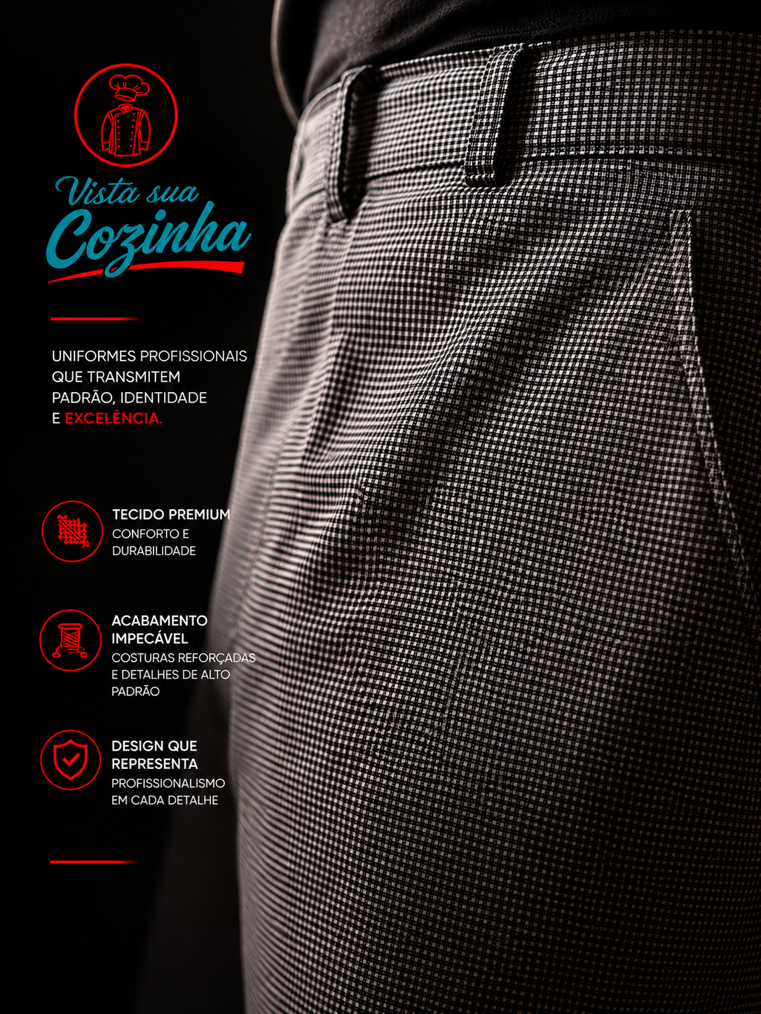 Calça Xadrez Pied Poule Profissional para Cozinha Unisex